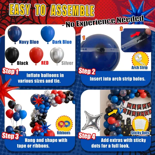 Miniatura 7 de Kit de arco de globos de araña de 147 piezas con globos de estrella, azul marino, rojo, negro, plateado, superhéroe, guirnalda temática de béisbol