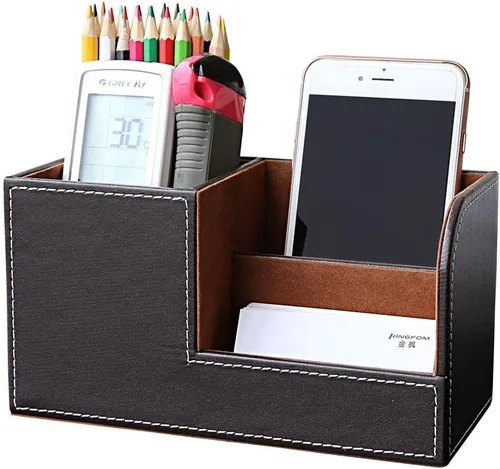 Miniatura 9 de KINGFOM Organizador de escritorio caddy de suministros de oficina de cuero PU, caja de almacenamiento multifunción para bolígrafo/lápiz, teléfono