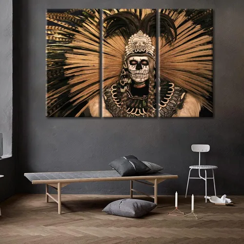 Arte de pared de 3 piezas, pintura en lienzo del Día de los Muertos, Bailarín azteca, impresión sobre lienzo, festival mexicano, obra de arte para