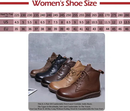 Miniatura 6 de AUNTHUI Botines de cuero genuino para mujer, botas cortas planas con punta redonda, cómodas y suaves, con cremallera lateral, botas casuales retro