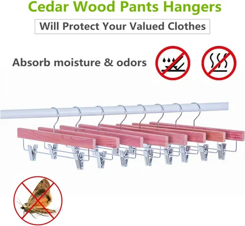 Miniatura 5 de Amber Home Paquete de 12 perchas para pantalones de madera de cedro rojo americano, perchas de madera de cedro natural con 2 clips ajustables