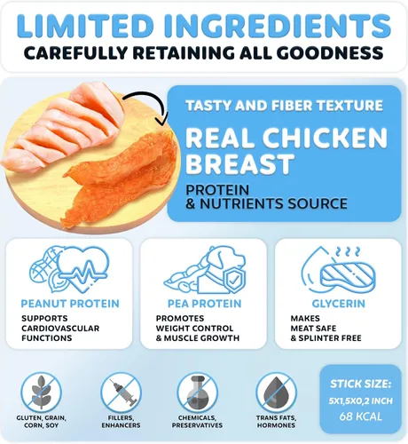 Miniatura 4 de Golosinas de pollo para perros, sin cuero crudo, aperitivos para perros de apoyo a la salud dental, pollo real, sin granos, bajas en calorías, alto