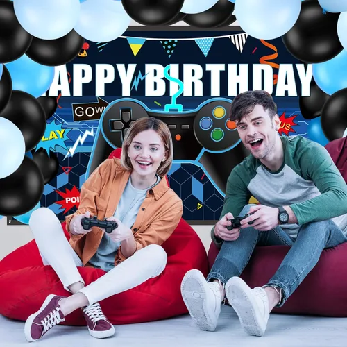 Miniatura 5 de Skylety 34 Piezas Decoraciones de Cumpleaños de Jugador Suministros de Fiesta de Videojuegos Incluyendo Telón de Fondo de Feliz Cumpleaños