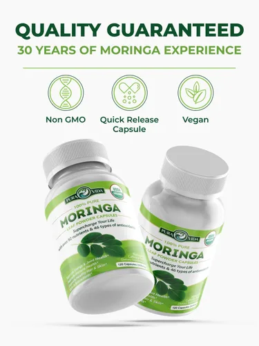 Miniatura 5 de PURA VIDA MORINGA Cápsulas de polvo de Moringa de origen único orgánico. Hoja pura de Moringa. Energía, metabolismo y apoyo inmunológico. 120