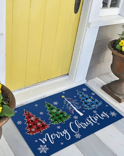 Miniatura 7 de Tapete para puerta delantera, a cuadros, árbol de Navidad, copo de nieve, azul, feliz Navidad, absorbente, resistente a la suciedad, tapetes