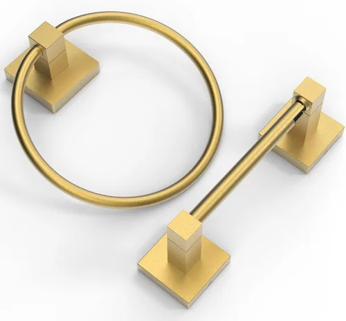 Miniatura 7 de Ruacq Soporte de papel higiénico de oro cepillado con anillo para toalla, accesorios de baño, juego de herrajes, doble poste pivotante, soporte