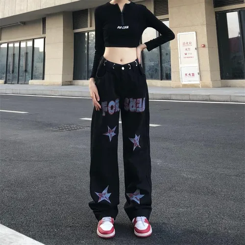 Miniatura 2 de CYee Jeans de cintura alta para mujer, pantalones altos con estampado de estrellas, pantalones Grunge, pantalones holgados y estéticos para la calle