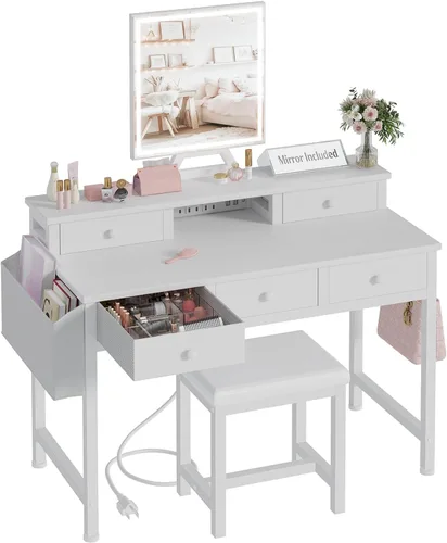 Miniatura 8 de Pequeño escritorio de maquillaje con luces, juego de tocador para niñas de 31 pulgadas con espejo y silla, tocador de maquillaje con cajones y toma
