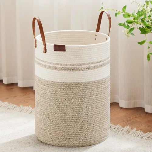 Miniatura 20 de VIPOSCO Cesta alta para ropa sucia, cesta grande para ropa sucia con mango de cuero, cesta de almacenamiento de cuerda tejida para manta, juguete