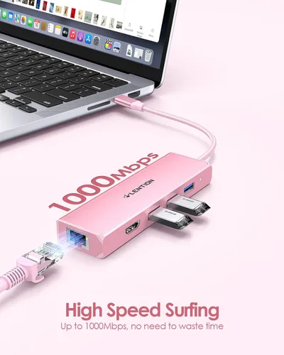 Miniatura 4 de LENTION Concentrador USB C con puerto Gigabit Ethernet, pantalla HDMI 4K, 3 puertos USB-A USB 3.0 para MacBook Pro, MacBook Air, Dell, Lenovo, Oro