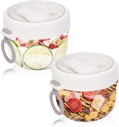 2 recipientes de avena para toda la noche con tapas, cuchara de 20 onzas, tarros portátiles de yogur de plástico, tazas de desayuno para adultos, 2
