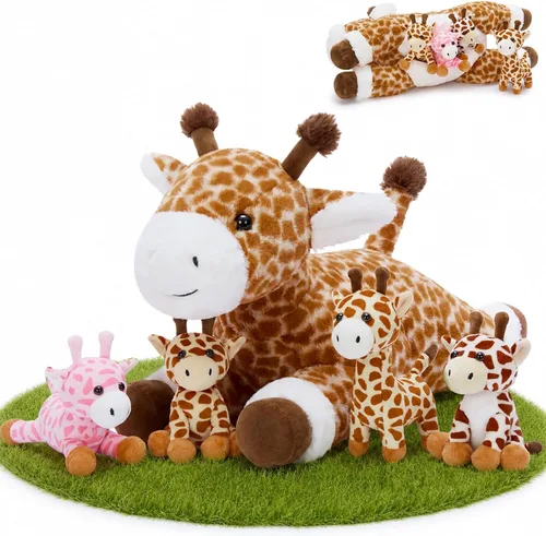 Miniatura 15 de Tezituor Juego de 5 Animales de Peluche de Cordero, Peluche Grande de Oveja Mamá de 20 Pulgadas con 4 Lindos Bebés Cordero, Almohada de Felpa
