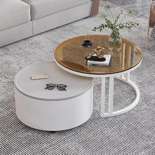Miniatura 20 de Couchtisch Rund 2er Set, Kreativer Runder Couchtisch Aus Glas mit Metallrahmen, Mit Stauraum für Kleine Räume Wohnzimmer Schlafzimmer Balkone mit B