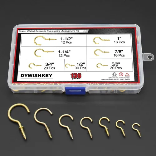 Miniatura 2 de DYWISHKEY Kit de ganchos de tornillo para tazas, 136 unidades, 7 tamaños, ganchos de rosca chapados en latón para el hogar, la oficina y el lugar