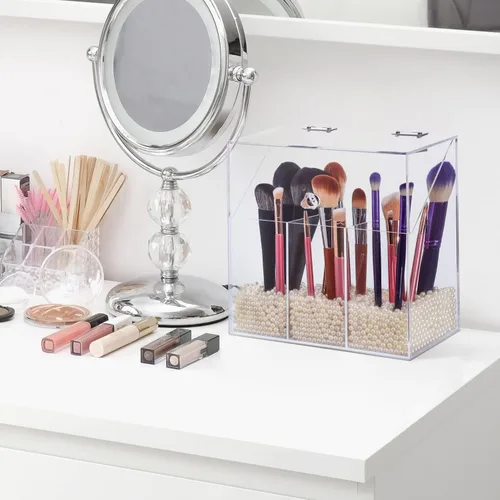 Miniatura 6 de LOHRYVIO Soporte acrílico para brochas de maquillaje con tapa abatible inclinada, organizador de brochas de maquillaje transparente a prueba