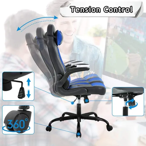 Miniatura 6 de Silla ergonómica de oficina para juegos, silla ejecutiva de computadora con respaldo alto con soporte lumbar y brazos abatibles, silla giratoria Azul