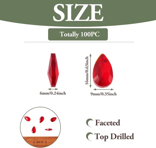 Miniatura 2 de Pandahall - 100 cuentas de cristal de lágrima roja facetadas, colgantes de cristal para pulseras de San Valentín, aretes, collares, fabricación