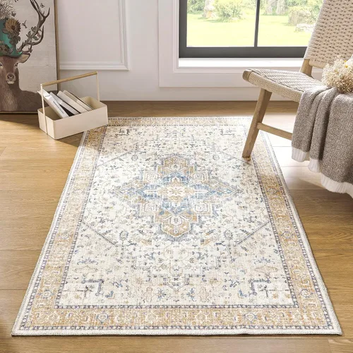 Miniatura 28 de Alfombra de área pequeña de 2x3 pies, antideslizante, neutra, persa lavable estilo casa de campo para entrada, para interiores, color beige tostado