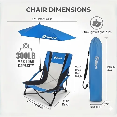 Miniatura 3 de EMERIT Sillas de playa bajas para adultos con paraguas extraíble UPF 50+, mochila plegable ligera silla de camping con soporte para tazas, silla