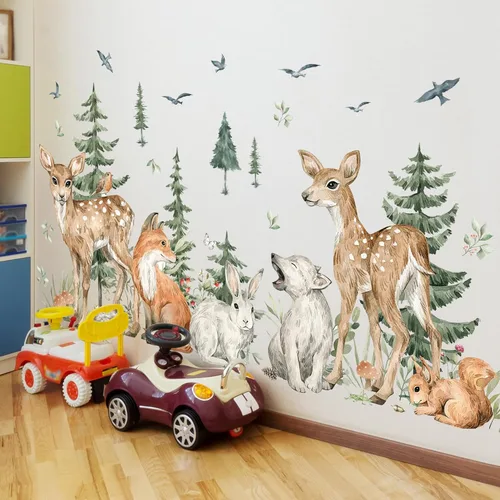 Amaonm - 4 hojas de 12 x 36 pulgadas, calcomanías de pared de árbol de bosque gigante, bosque, ciervo, oso, conejo, zorro, ardilla, pájaros, pino