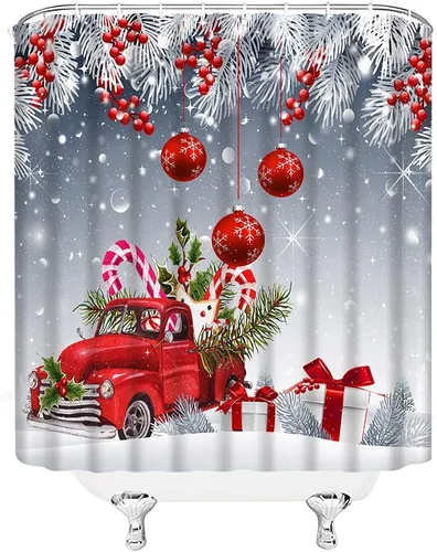 Miniatura 3 de Cortina de ducha de Feliz Navidad, bola de Navidad roja, camión retro, hojas de pino blanco, bayas, caja de regalo de Navidad, vacaciones, feliz año