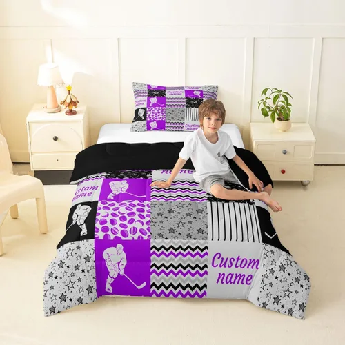 Miniatura 78 de Juego de edredón de softbol personalizado, juego de ropa de cama de retazos a cuadros para niños y niños, edredón de bate de béisbol, juego