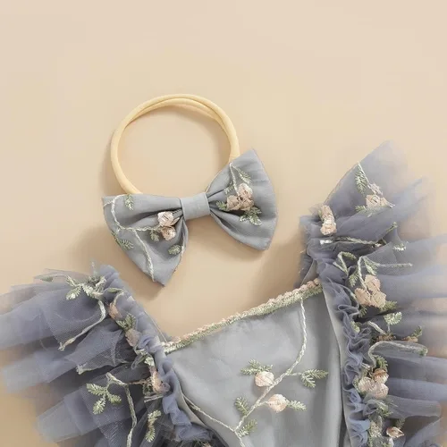 Miniatura 5 de Comoraecos Vestido mameluco de encaje floral para bebé, vestido de princesa con bordado de tutú y mangas para atar, sin espalda, vestido de princesa