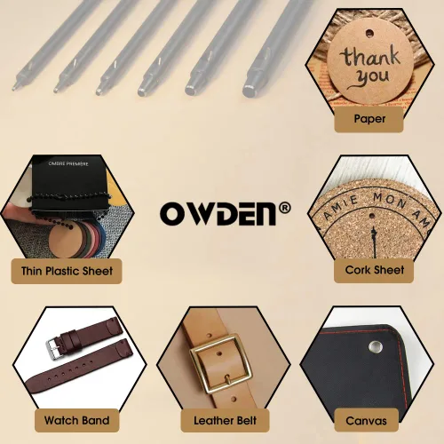 Miniatura 6 de OWDEN Juego profesional de 6 perforaciones de cuero, tamaño 0.039-0.197 in, negro, acero, manual, 6 agujeros, mini alfombrilla de corte gratis