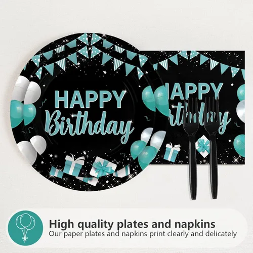 Miniatura 2 de 96 piezas de suministros para fiesta de feliz cumpleaños, decoraciones de color verde azulado y negro, 350 GSM, desechables, turquesa, juego