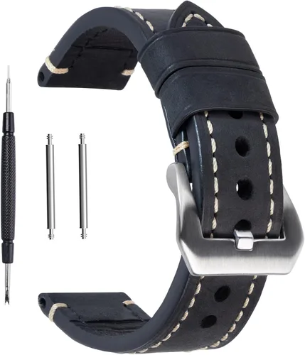 Correa de reloj de pulsera de cuero genuino negro de 0.945 in para hombres con hebilla de acero inoxidable