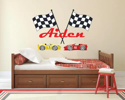 Calcomanía de pared personalizada con nombre de carreras para dormitorio de niños, banderas y autos personalizados F1 Race Playroom, calcomanías