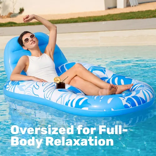 Miniatura 2 de Sloosh Flotadores inflables para piscina, tumbona para adultos, flotador de piscina flotante, silla reclinable flotante con portavasos y reposapiés