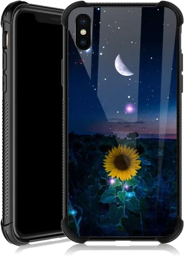 Funda para iPhone Xs Max, diseños de girasol, estrella, cielo, cubierta trasera de cristal templado antiarañazos, esquinas reforzadas, carcasa de