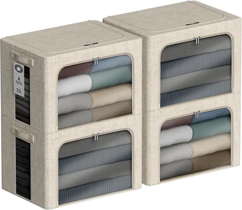 Paquete de 4 contenedores de almacenamiento de ropa con marco de metal, caja de almacenamiento apilable de 22 litros con tapa, organizador de