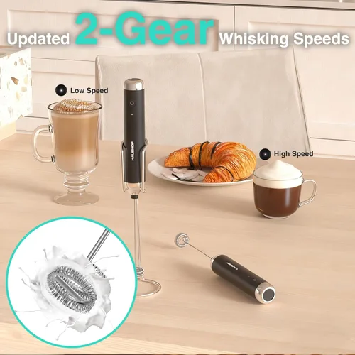 Miniatura 5 de HAUSHOF Potente varita espumadora de leche recargable con soporte, máquina de espuma eléctrica de mano, mezclador de bebidas con 2 batidores