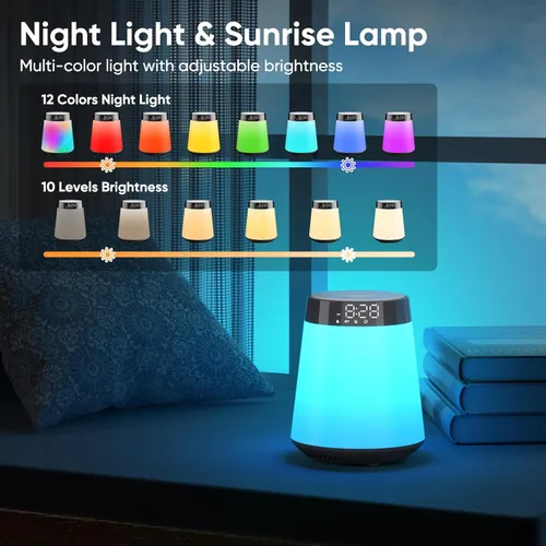 Miniatura 5 de Reloj Despertador Sunrise con Luz de Despertar y Máquina de Ruido Blanco - 21 Sonidos Relajantes, 12 Luces Nocturnas Regulables de Colores, Altavoz