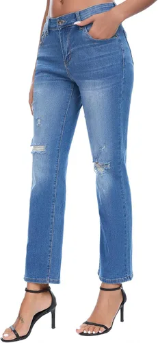 Miniatura 8 de Jeans para mujer, rasgados de cintura media, jeans estilo boyfriend, pierna recta, elásticos, desgastados, jeans para mamá con agujero