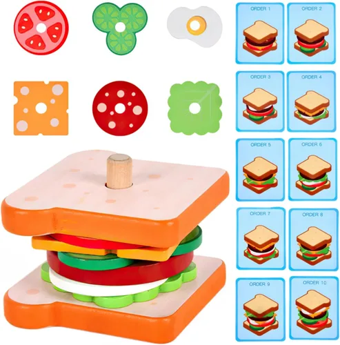 Miniatura 8 de Juguetes de hamburguesas de madera para apilar para niños, alimentos de juego Montessori para niños pequeños, juguetes educativos para niños de más