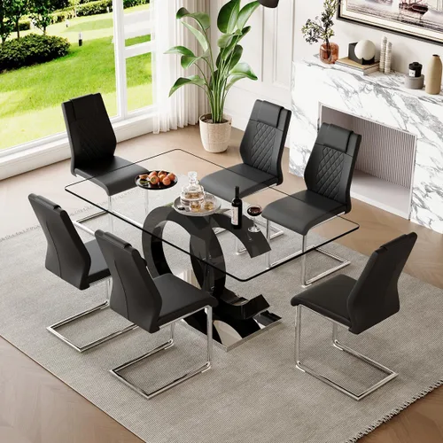 Miniatura 12 de gopop Mesa de comedor de cristal de 63 pulgadas, mesa de cocina moderna, mesa de comedor de vidrio transparente con patas de diseño único negro