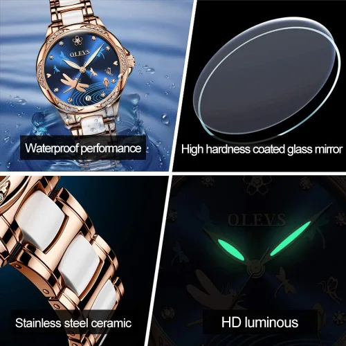 Miniatura 6 de OLEVS Relojes para mujer, de cuerda automática, oro rosa, diamante, reloj de pulsera mecánico automático, acero inoxidable, dos tonos, pulsera