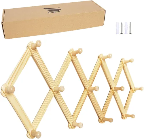 Miniatura 16 de AMAPON Perchero de pared de madera estilo acordeón, ampliable, con 13 ganchos (clavos) para colgar sombreros, chaquetas, tazas de café, bolsos