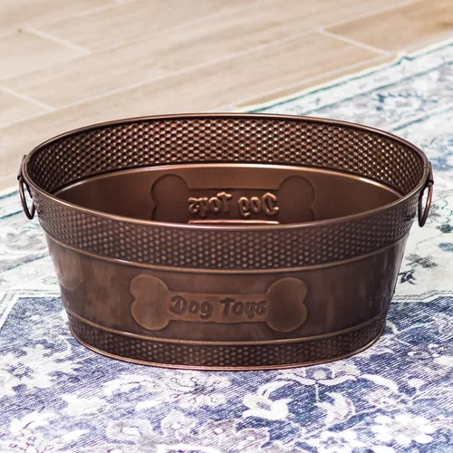 Miniatura 7 de BREKX Caja de juguetes para perros indestructible de metal - Caja de almacenamiento galvanizada de cobre con asas, organizador de almacenamiento