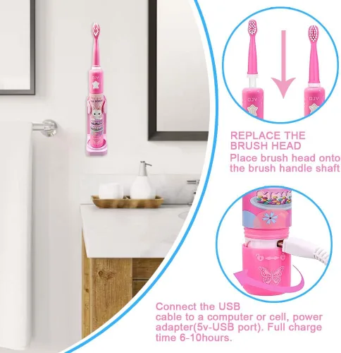Miniatura 5 de OJV 8620 - Cepillos de dientes eléctricos musicales para niños, 3 modos, temporizador de 2 minutos, 6 cerdas recargables, energía inteligente, Rosa