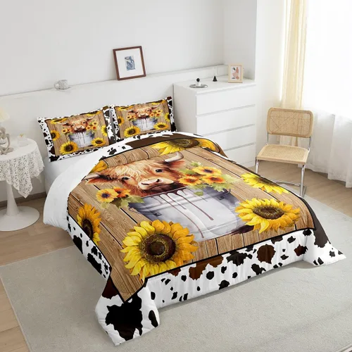 Miniatura 4 de Manfei Juego de edredón de ganado Highland tamaño Queen, edredón de plumón de girasol amarillo con 2 fundas de almohada, juego de ropa de cama