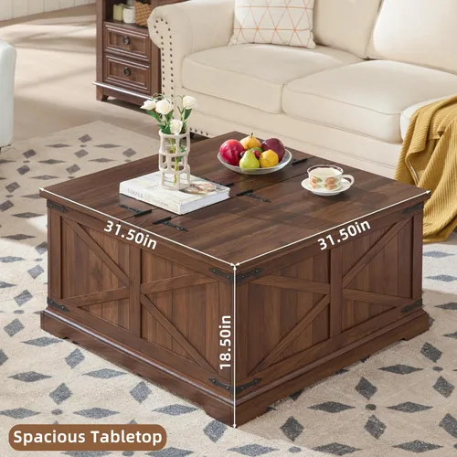 Miniatura 2 de Joaxswe Mesa de café estilo granja con gran compartimento de almacenamiento oculto, mesa central cuadrada retro marrón, mesa baja rústica de madera