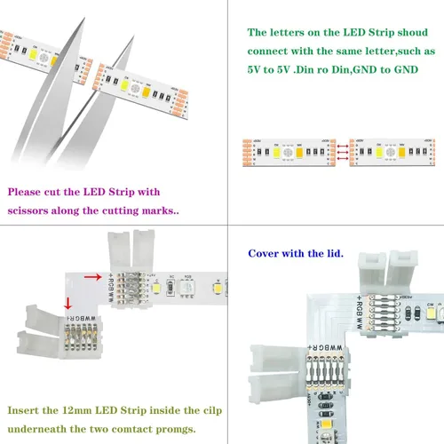 Miniatura 3 de 10 unids 6 pines en forma de L conector sin soldadura LED tira de luz, RGBWW 12MM ángulo recto esquina sin soldadura conexión para SMD 5050 RGBCCT