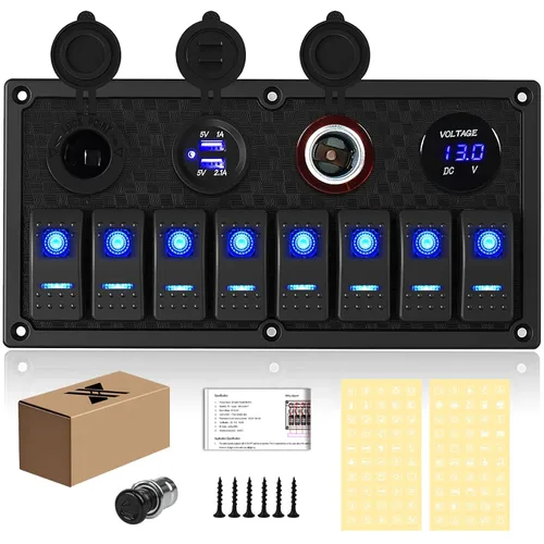 Miniatura 22 de Panel de Interruptores de Palanca Impermeable de 8 Posiciones con Cargador USB Dual y Voltímetro - Protección contra Sobrecarga para RV, Marina
