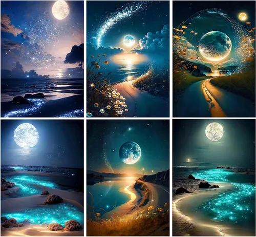 DOTZSO Paquete de 6 pinturas de diamantes 5D para adultos, kit DIY de arte completo de diamantes con arte de cristal y manualidades para AB Moon Lake