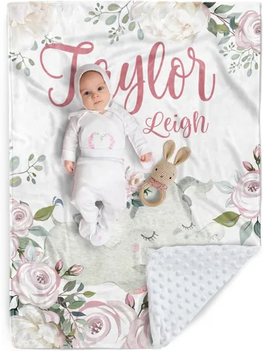 Miniatura 22 de Manta de bebé personalizada, manta de felpa suave con respaldo de puntos de doble capa para niños y niñas, nombre personalizado con diseño de animal