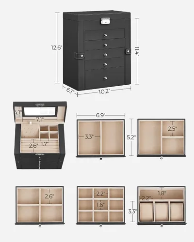 Miniatura 7 de SONGMICS Joyero de 6 niveles joyero con 5 cajones gran capacidad de almacenamiento con espejo bloqueable organizador de almacenamiento de joyas